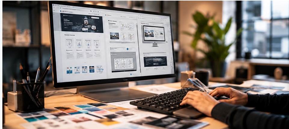 Progettazione di un sito web su monitor con tastiera e mani al lavoro