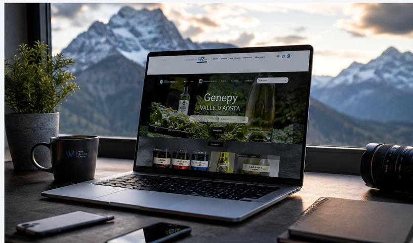 Postazione digitale con computer e panorama montano